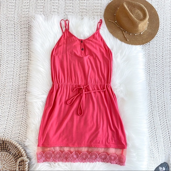 Beach Bunny Swimwear Mini Lace Dress Coral Pink For you Dress Tie Waist Coverup - Picture 3 of 16